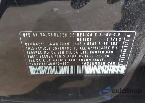 2013 Volkswagen Jetta 2.5L Sel z USA, uszkodzony, nr VIN 3VWLP7AJ3DM400997